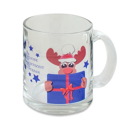 Personalisierte klare Glastasse mit individuellem Druckmotiv, geeignet für Kaffee, Tee oder Glühwein