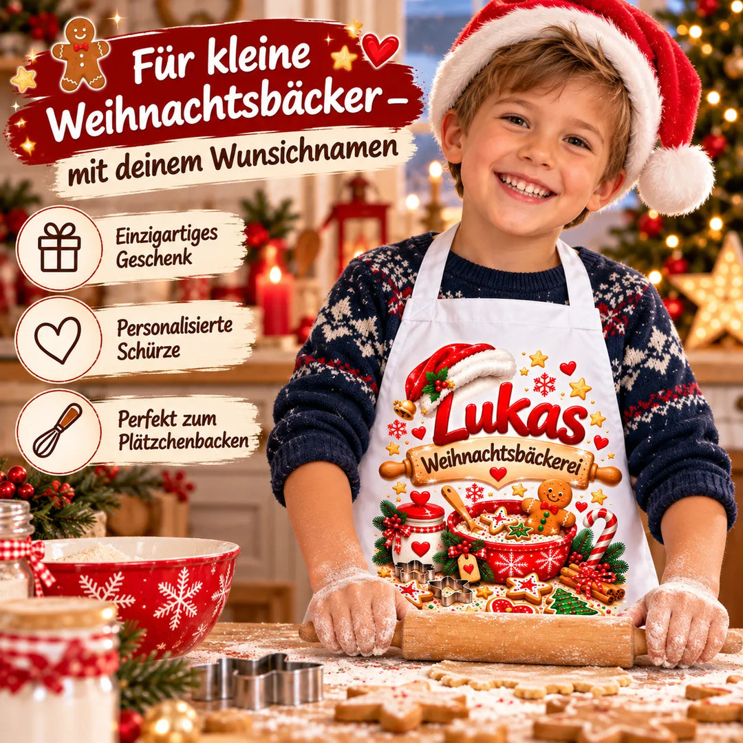 Kind mit Weihnachtsmütze trägt beim Plätzchenbacken eine weiße Schürze mit dem Namen Lukas und weihnachtlichem Backmotiv.