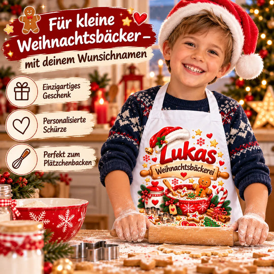 Kind mit Weihnachtsmütze trägt beim Plätzchenbacken eine weiße Schürze mit dem Namen Lukas und weihnachtlichem Backmotiv.