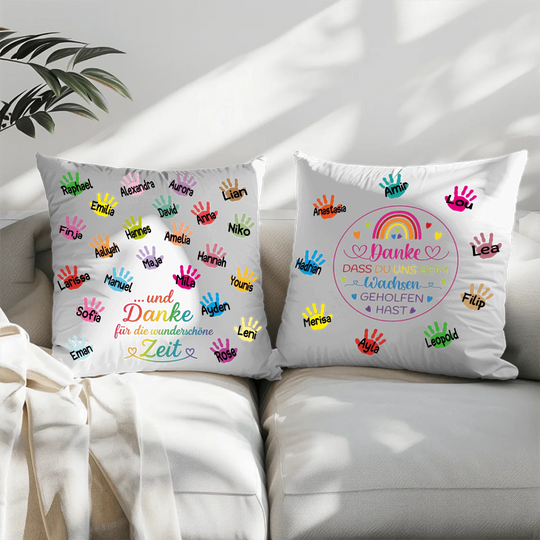 Personalisierte schwarze Kissen mit bunten Handabdrücken und Dankesmotiven, individuell gestaltbar mit Namen – ideales Geschenk für Erzieher oder Lehrer