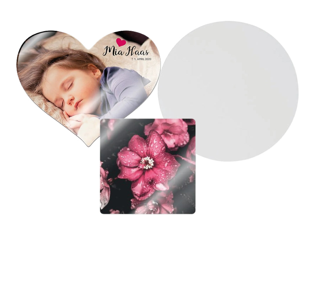 Personalisierte Kühlschrankmagnete in Herz-, Rund- und Quadrat-Form mit individuellen Motiven