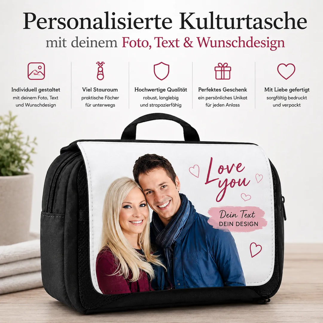 Personalisierte Kulturtasche mit eigenem Foto, Text und Wunschdesign