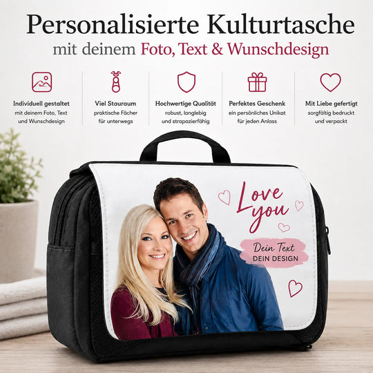 Personalisierte Kulturtasche mit eigenem Foto, Text und Wunschdesign