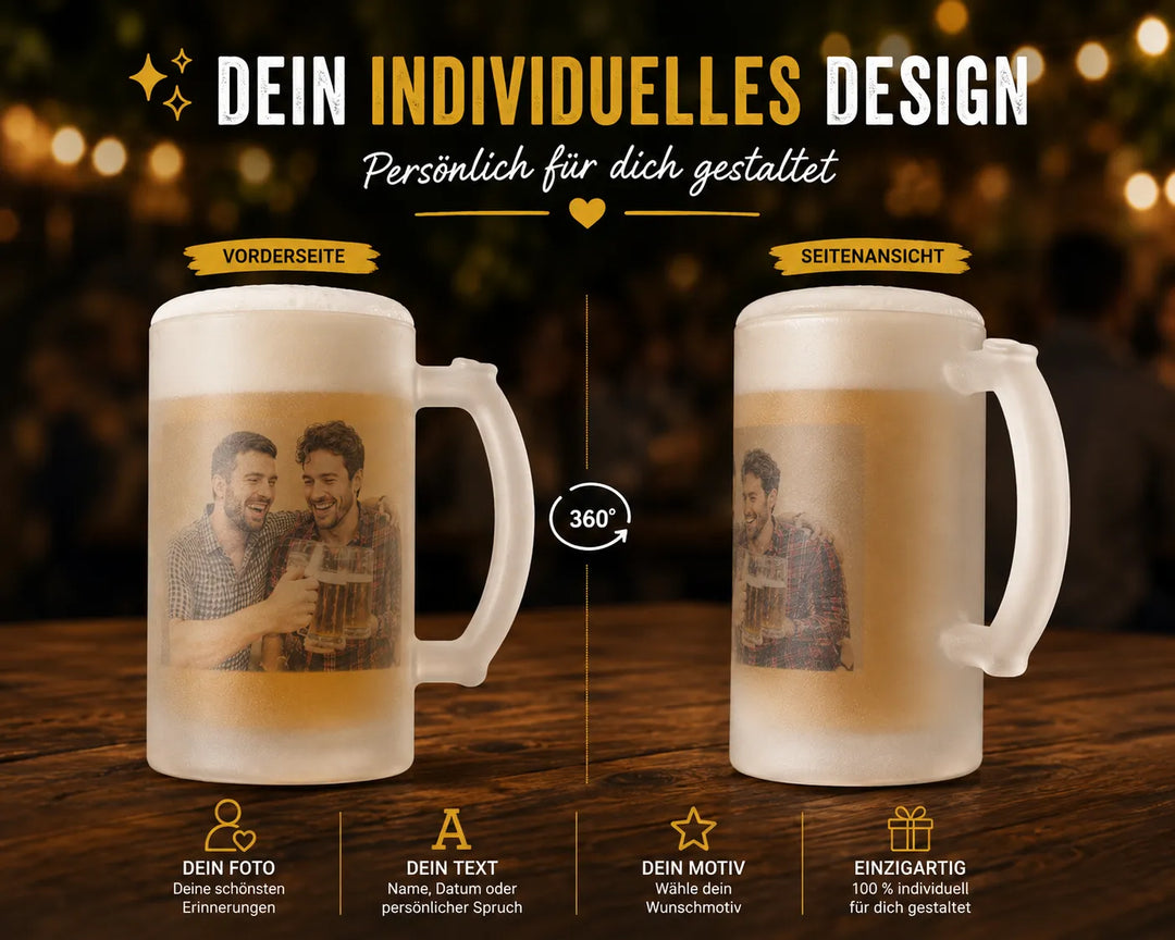 Personalisierter Bierkrug mit individuellem Design in Vorder- und Seitenansicht