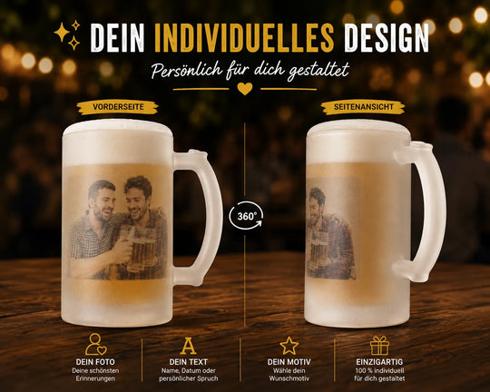Personalisierter Bierkrug mit individuellem Design in Vorder- und Seitenansicht