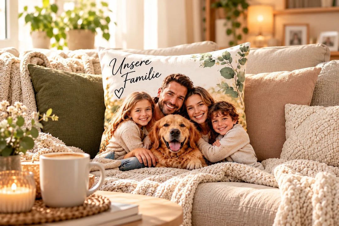 Personalisierter Kissenbezug mit Familienfoto als individuelles Wohnaccessoire auf dem Sofa