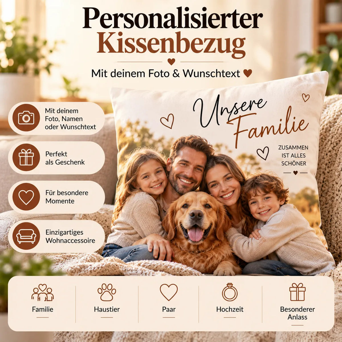 Personalisierter Kissenbezug mit eigenem Foto und Wunschtext