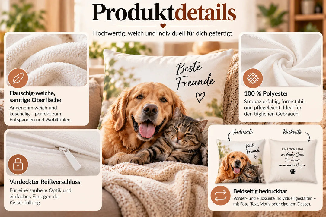 Produktdetails des personalisierten Kissenbezugs mit weicher Oberfläche, 100 Prozent Polyester und verdecktem Reißverschluss