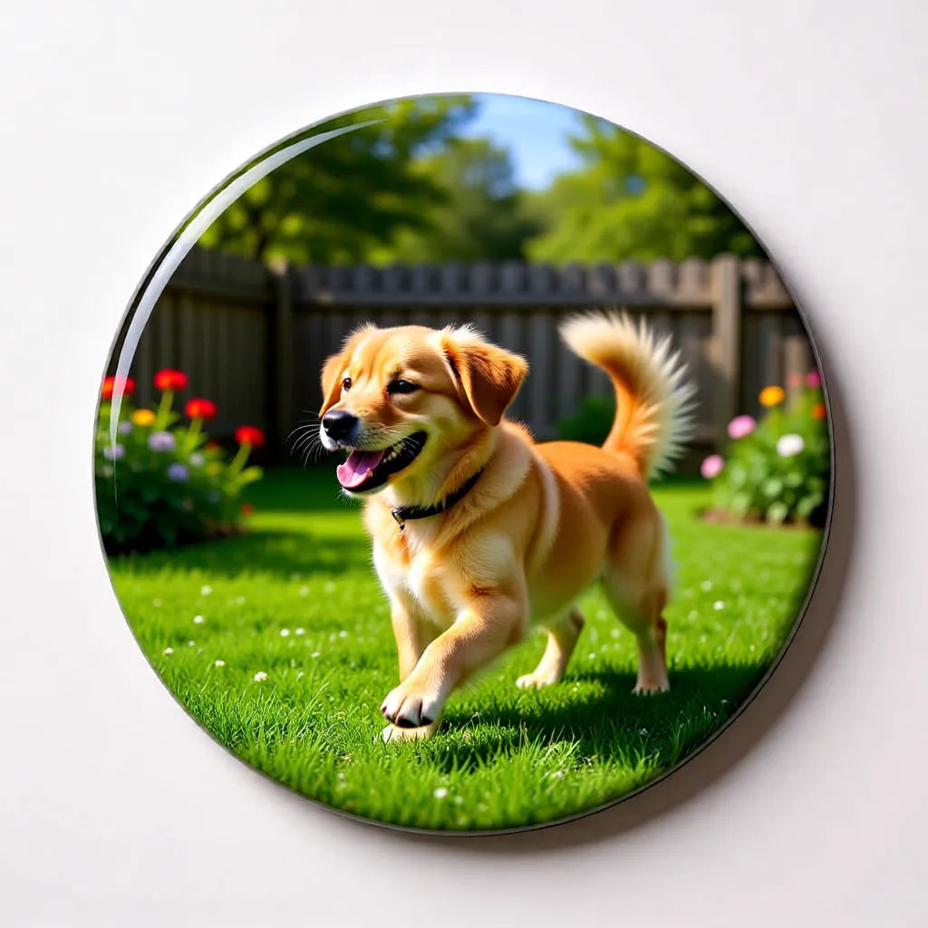 Runder personalisierter Kühlschrankmagnet mit Fotodruck, befestigt an einer Kühlschranktür