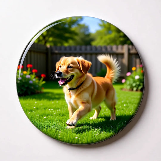 Runder personalisierter Kühlschrankmagnet mit Fotodruck, befestigt an einer Kühlschranktür