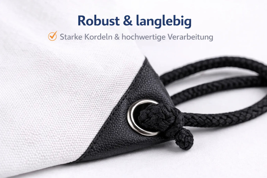 Detailansicht des personalisierbaren Sportbeutels mit stabilen Kordeln