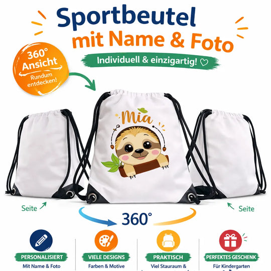 Personalisierter Sportbeutel mit Name und Foto – verschiedene Ansichten