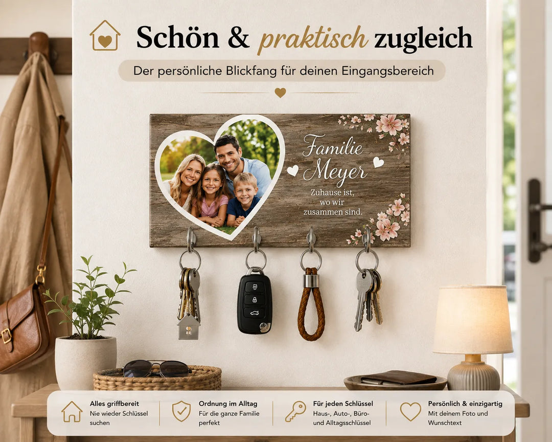Personalisiertes Schlüsselbrett mit vier Haken für den Eingangsbereich