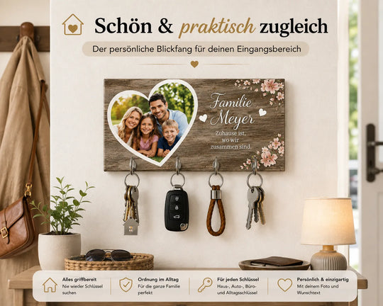 Personalisiertes Schlüsselbrett mit vier Haken für den Eingangsbereich