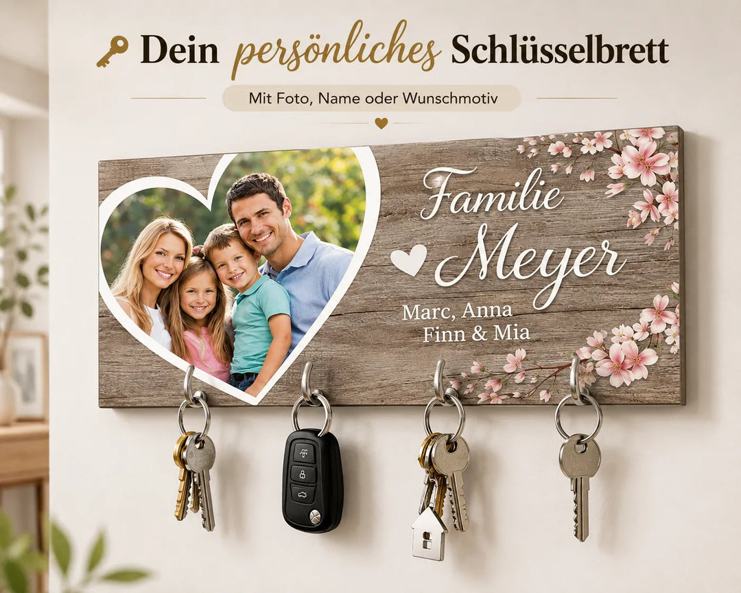 Personalisiertes Schlüsselbrett mit Foto, Namen und vier Metallhaken