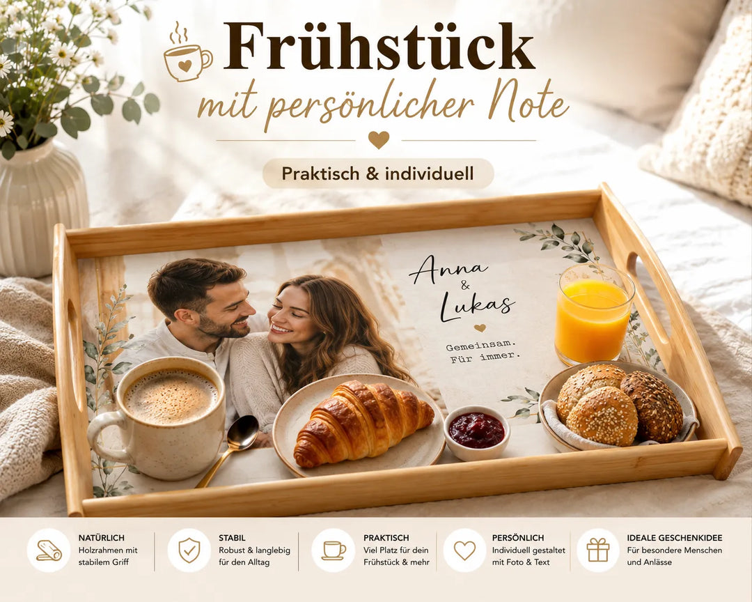 Personalisiertes Serviertablett aus Holz für Frühstück, Kaffee und Snacks