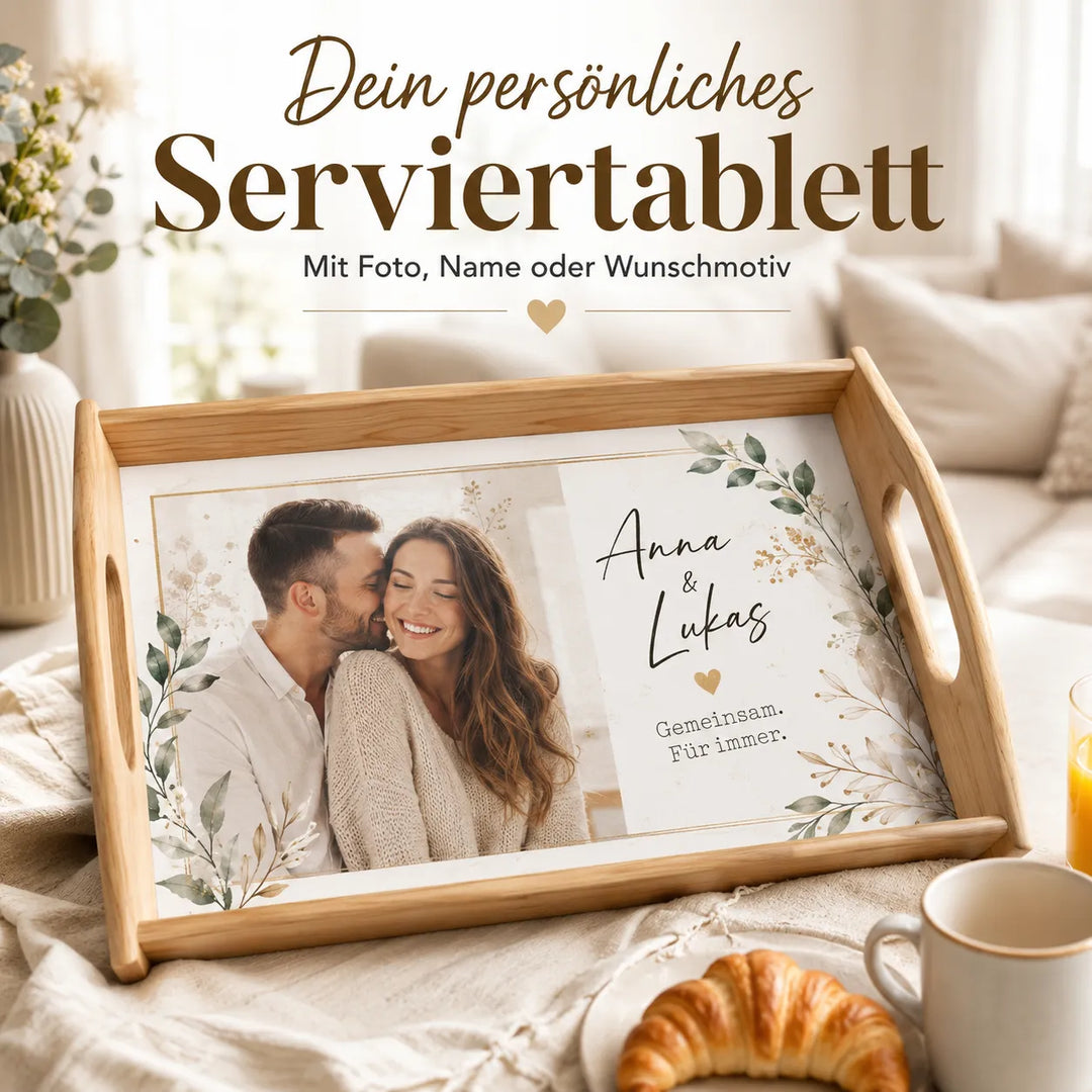 Personalisiertes Serviertablett aus Holz mit Foto, Namen und Wunschmotiv