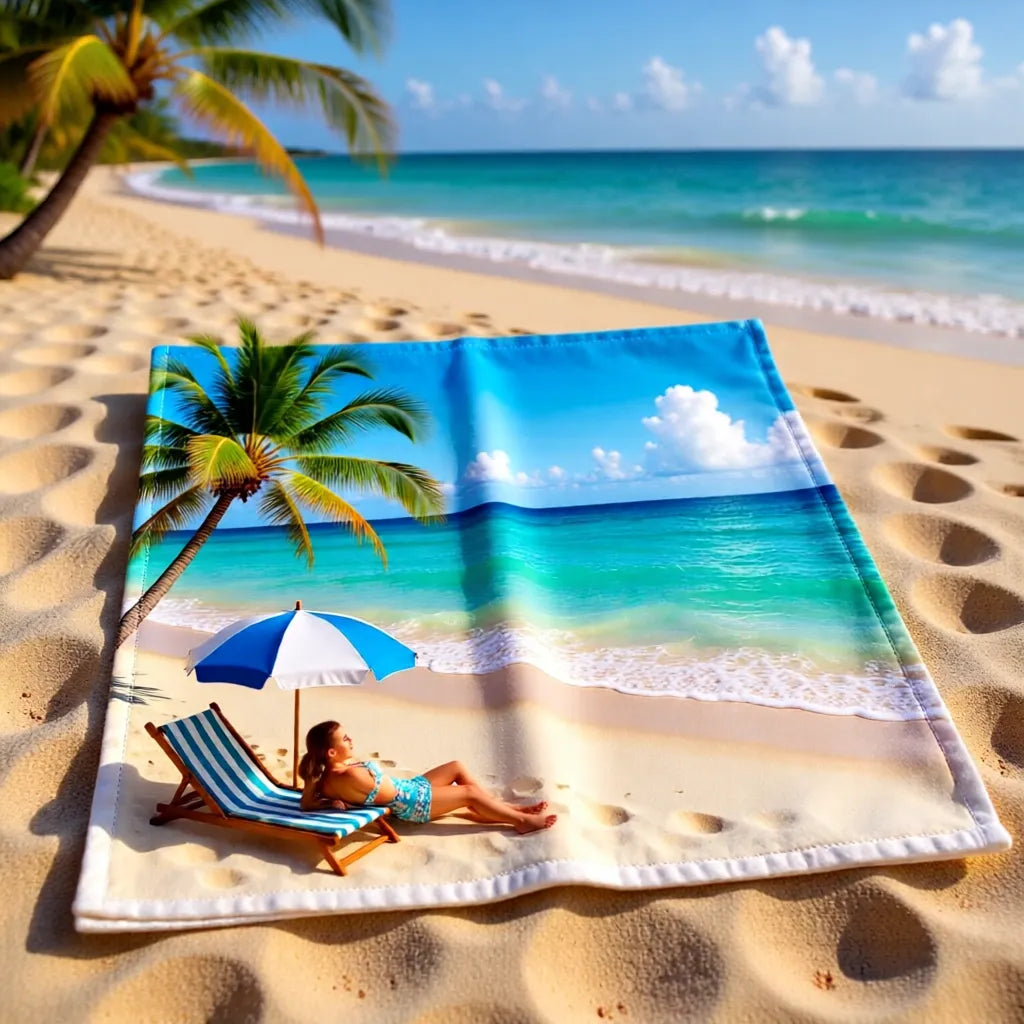 Individuell bedrucktes Mikrofaser-Handtuch mit Fotomotiv am Strand, personalisierbar mit eigenen Bildern