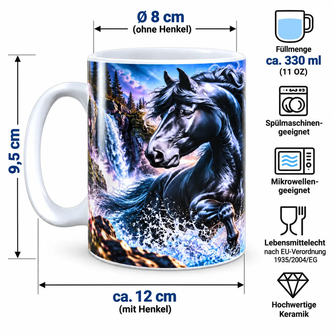 Keramiktasse mit Maßangaben: ca. 9,5 cm Höhe, 8 cm Durchmesser ohne Henkel und 330 ml Fassungsvermögen
