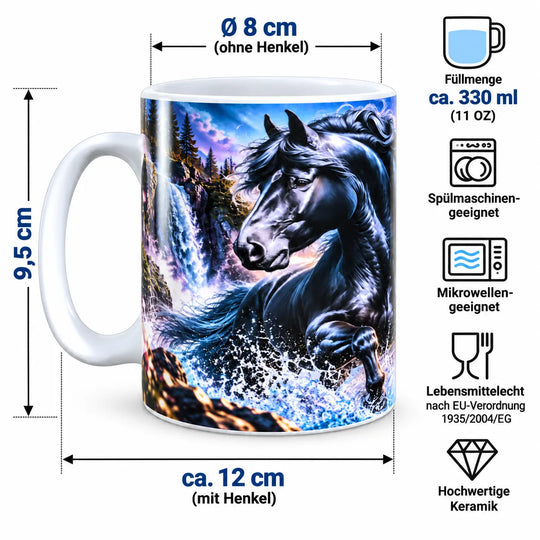 Keramiktasse mit Maßangaben: ca. 9,5 cm Höhe, 8 cm Durchmesser ohne Henkel und 330 ml Fassungsvermögen