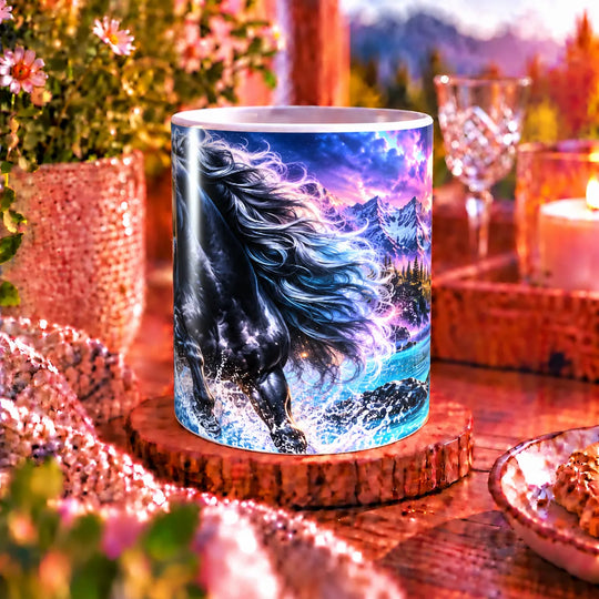 Weiße Pferde-Tasse mit schwarzem Pferd vor einer Berglandschaft mit Wasserfällen