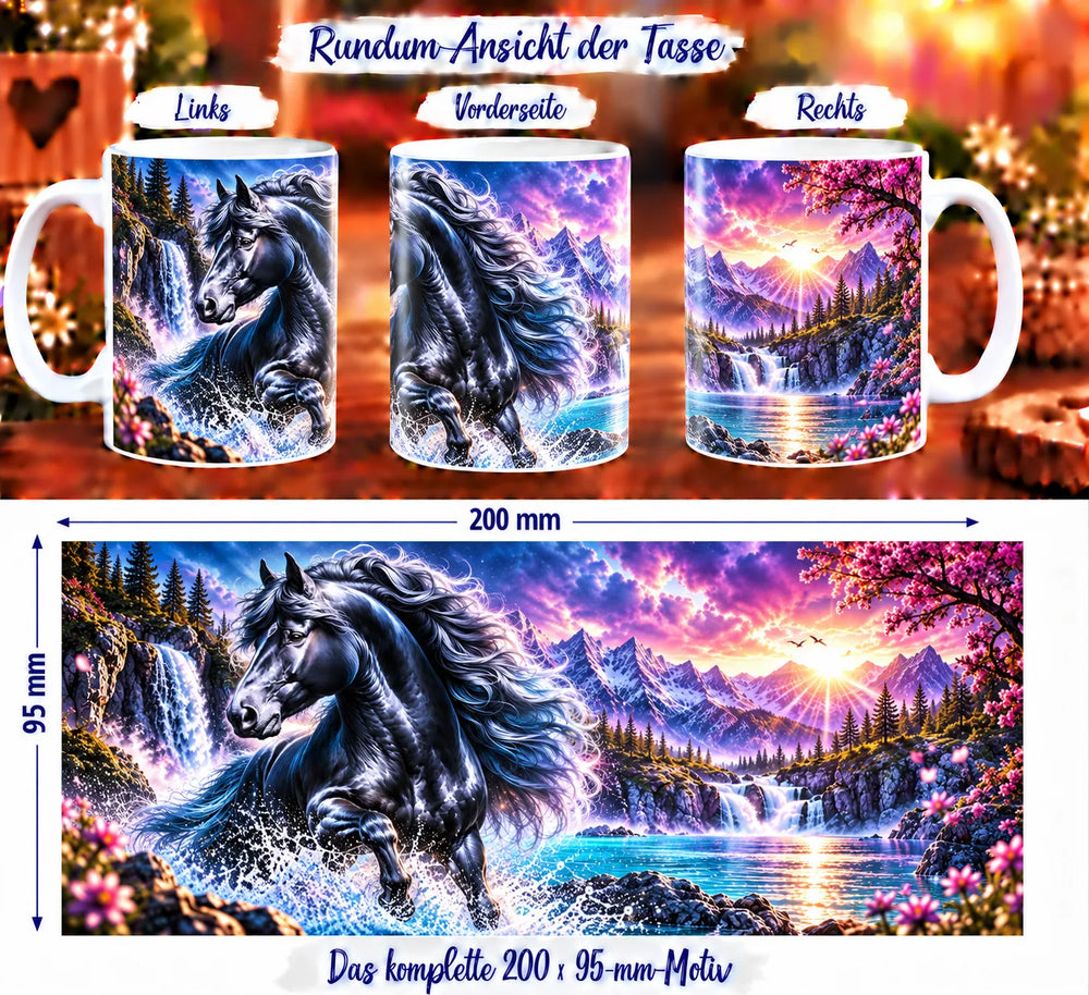 Rundumansicht der Pferde-Tasse mit schwarzem Pferd, türkisblauem Wasser und Sonnenuntergang über den Bergen
