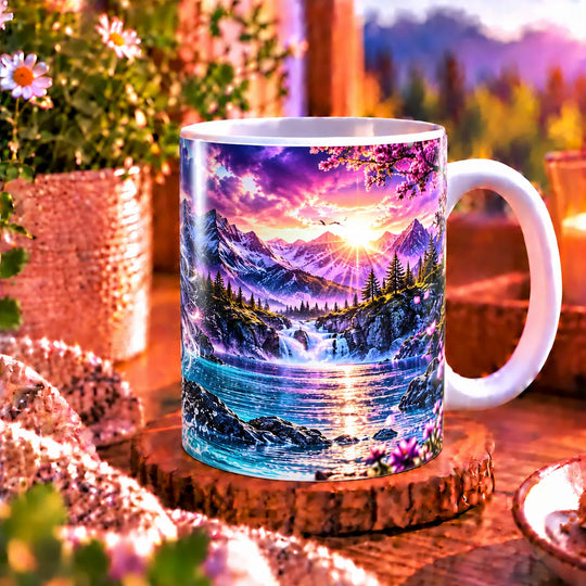 Seitenansicht der weißen Keramiktasse mit Pferdemotiv und weißem Henkel
