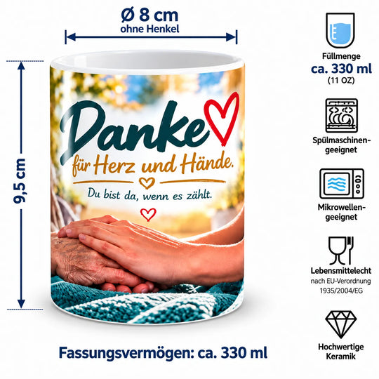 Keramiktasse mit Maßangaben: ca. 9,5 cm Höhe, 8 cm Durchmesser ohne Henkel und 330 ml Fassungsvermögen