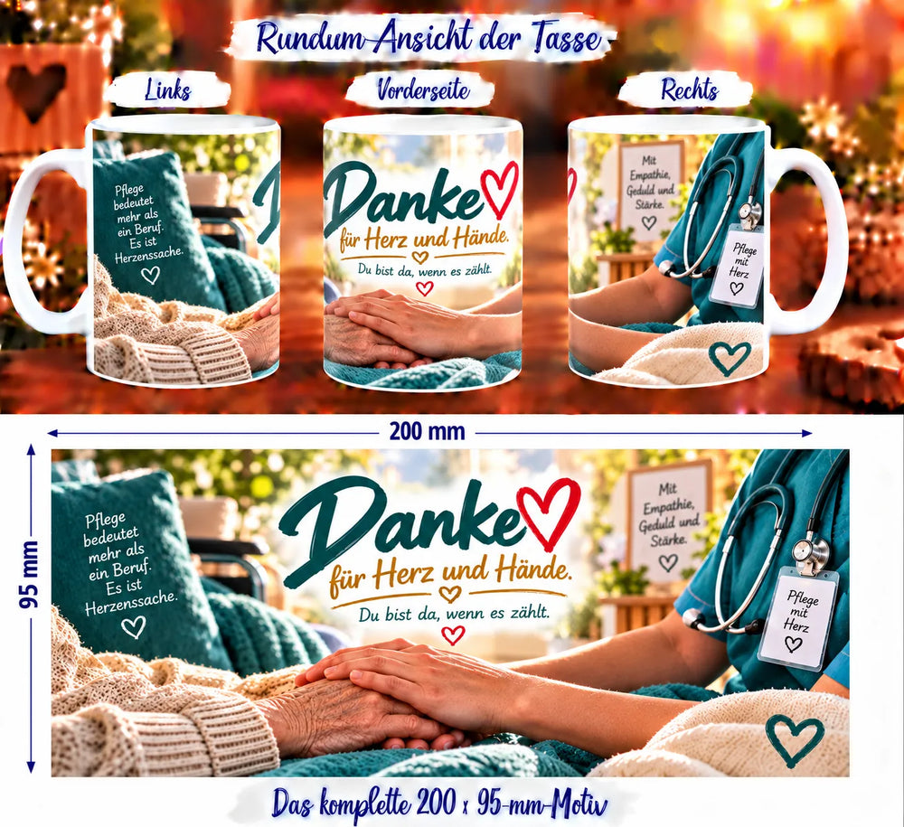 Rundumansicht der Pflegekraft-Tasse mit haltenden Händen, Stethoskop und Dankesbotschaften