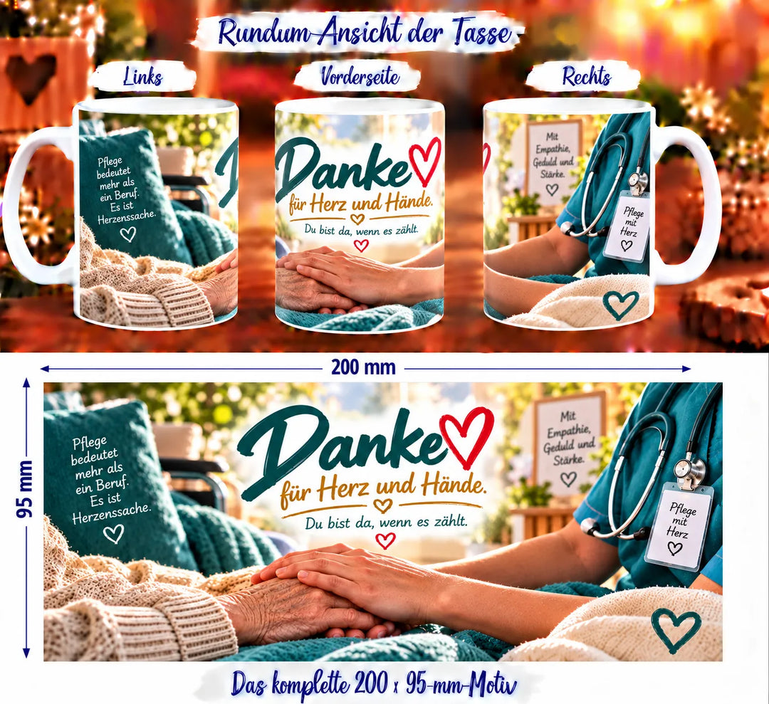 Rundumansicht der Pflegekraft-Tasse mit haltenden Händen, Stethoskop und Dankesbotschaften
