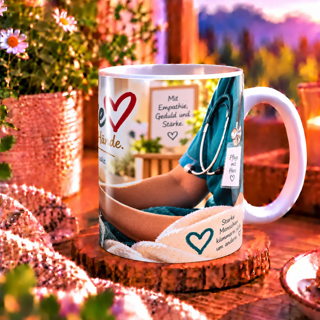 Seitenansicht der weißen Keramiktasse mit Pflegemotiv und weißem Henkel