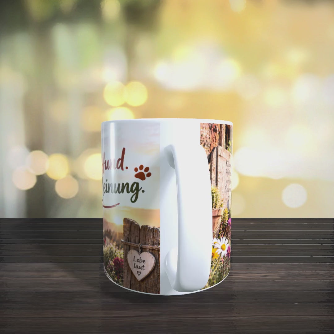 Produktvideo der Chihuahua-Tasse mit Ansichten des Hundemotivs und des Spruchs „Kleiner Hund. Riesige Meinung.“
