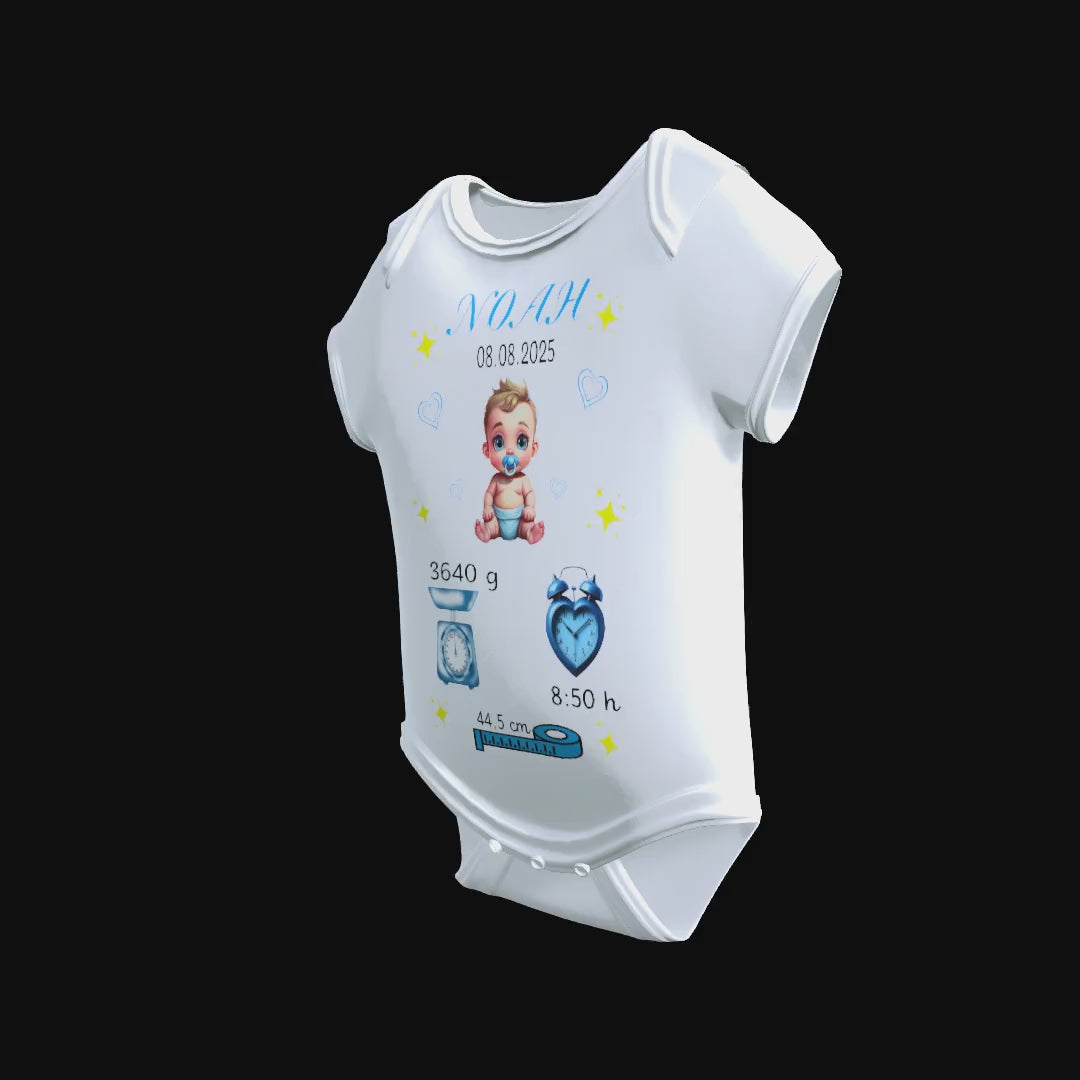 Mockup Video eines personalisierten Babybodys für Jungen mit Geburtsdaten, Name, Gewicht, Größe und Uhrzeit.