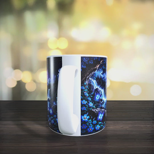 Produktvideo der Fantasy-Tasse mit Ansichten des kleinen Drachen und Wolfs im Mondlicht