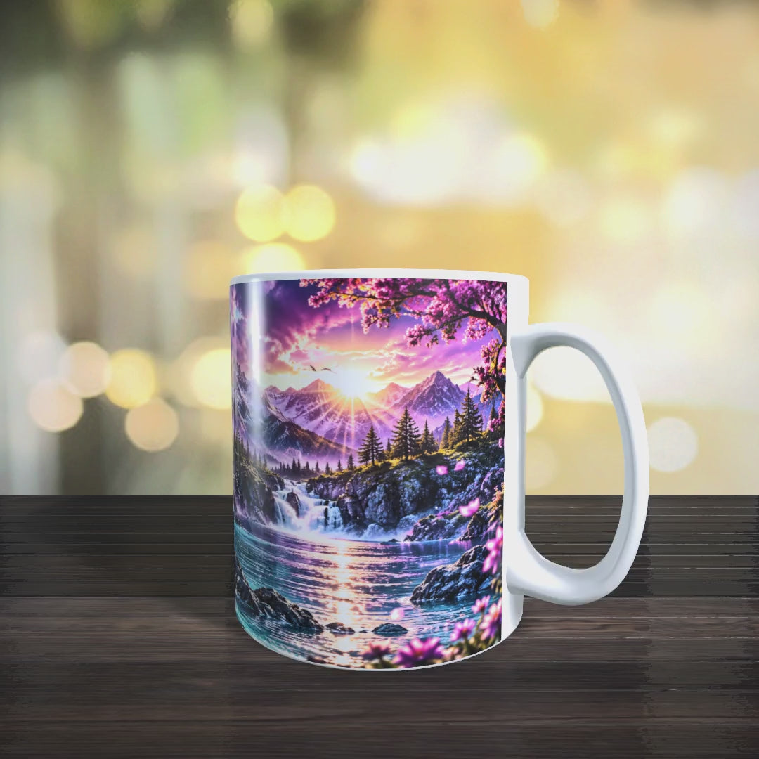 Video der Pferde-Tasse mit schwarzem Pferd und Wasserfallmotiv aus verschiedenen Perspektiven