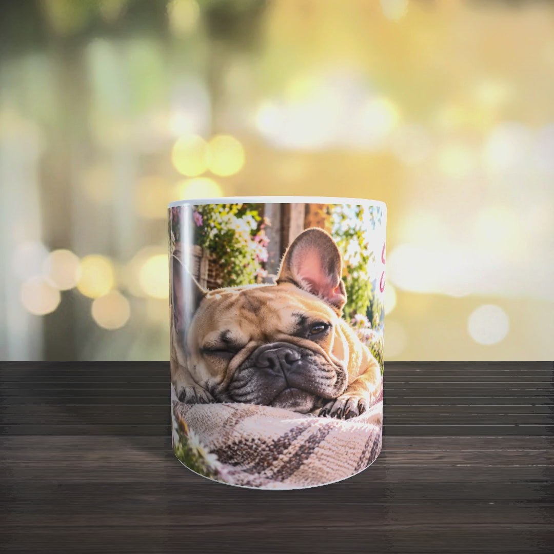 Produktvideo der Tasse mit Französischer Bulldogge und dem Spruch „Schnarchen ist auch ein Hobby.“