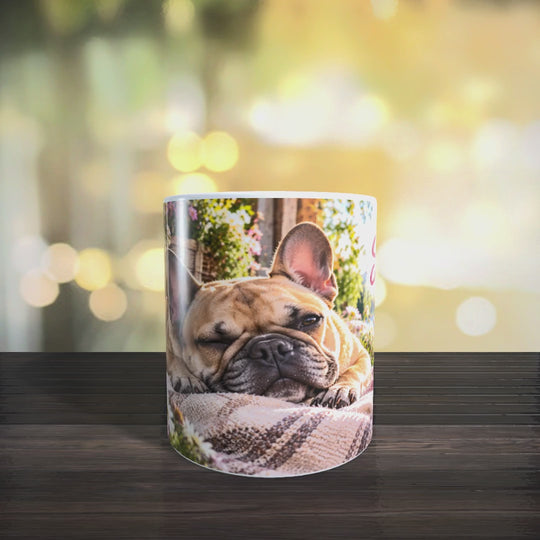 Produktvideo der Tasse mit Französischer Bulldogge und dem Spruch „Schnarchen ist auch ein Hobby.“