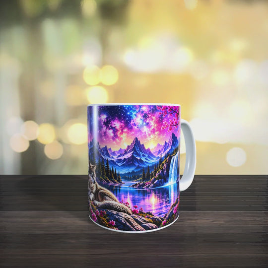 Produktvideo zur weißen Wolf-Tasse mit Wolfsfamilie, rosa Blüten und einer Berglandschaft unter leuchtendem Sternenhimmel.