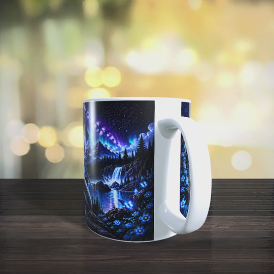 Produktvideo der Fantasy-Tasse mit Ansichten des Drachen- und Wolfmotivs im Mondlicht