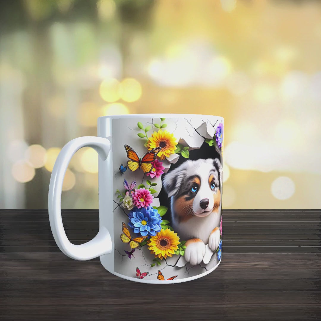 Keramiktasse mit 3D-Hundemotiv Husky im Mockup-Video – detailreiches Design und brillante Farben