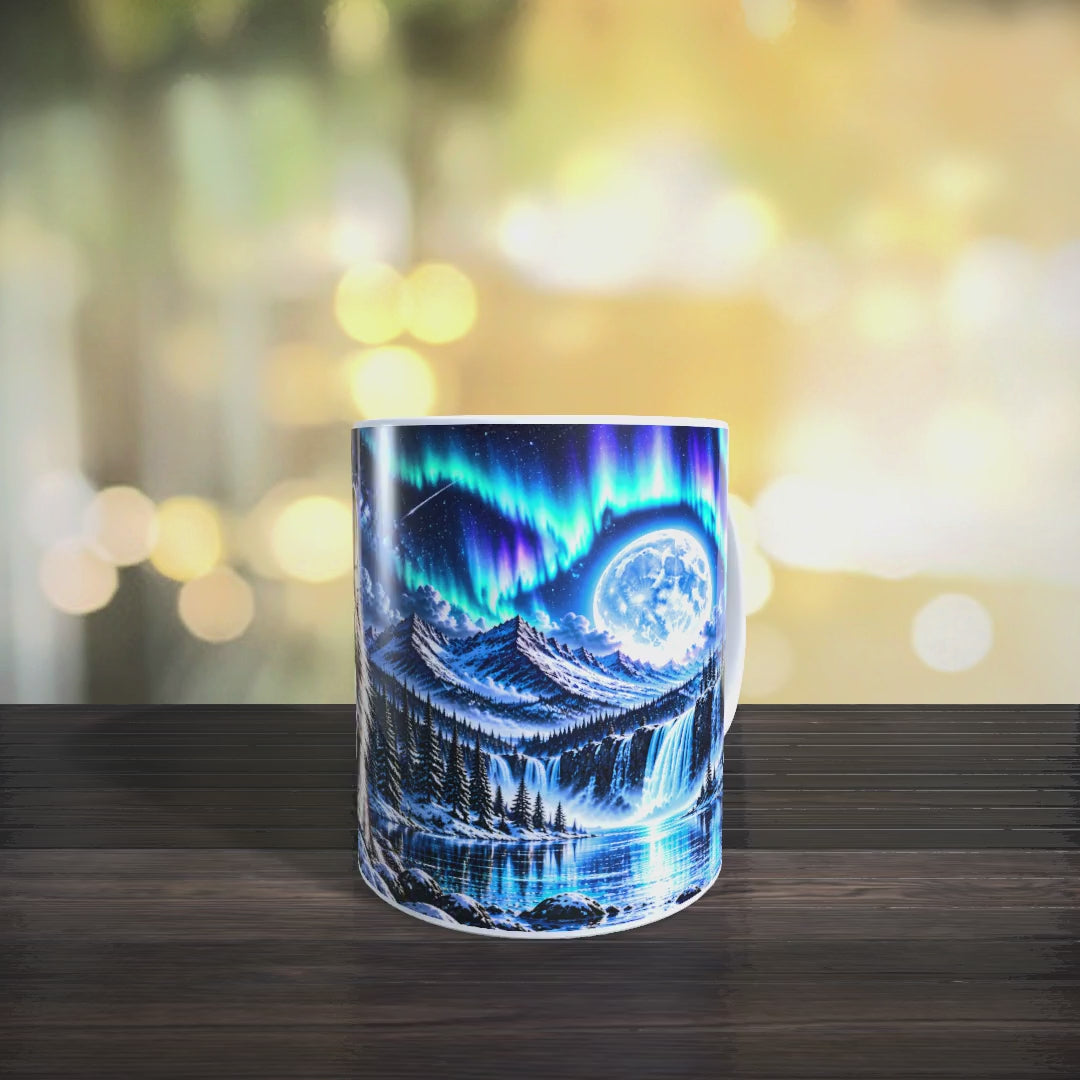 Produktvideo zur weißen Wolf-Tasse mit blauäugigem Wolf und winterlicher Landschaft unter Vollmond und Polarlicht.