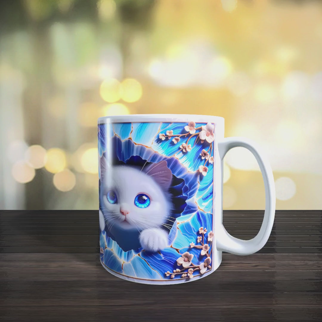 Keramiktasse mit blauem 3D-Katzenmotiv im Mockup-Video – detailreiches Design und brillante Farben