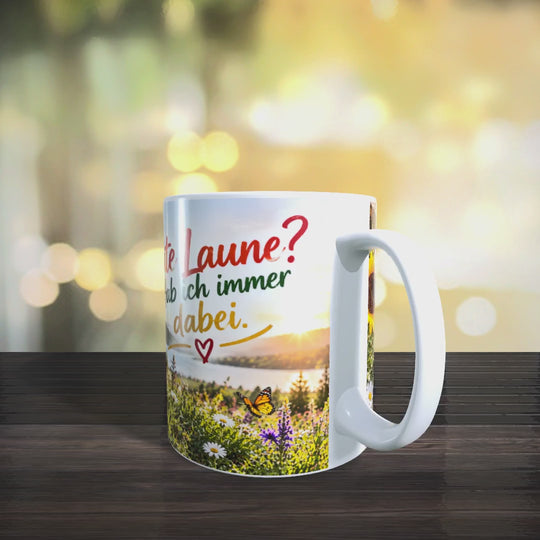 Produktvideo der Golden-Retriever-Tasse mit Ansichten des Hundemotivs und des Spruchs „Gute Laune? Hab ich immer dabei.“