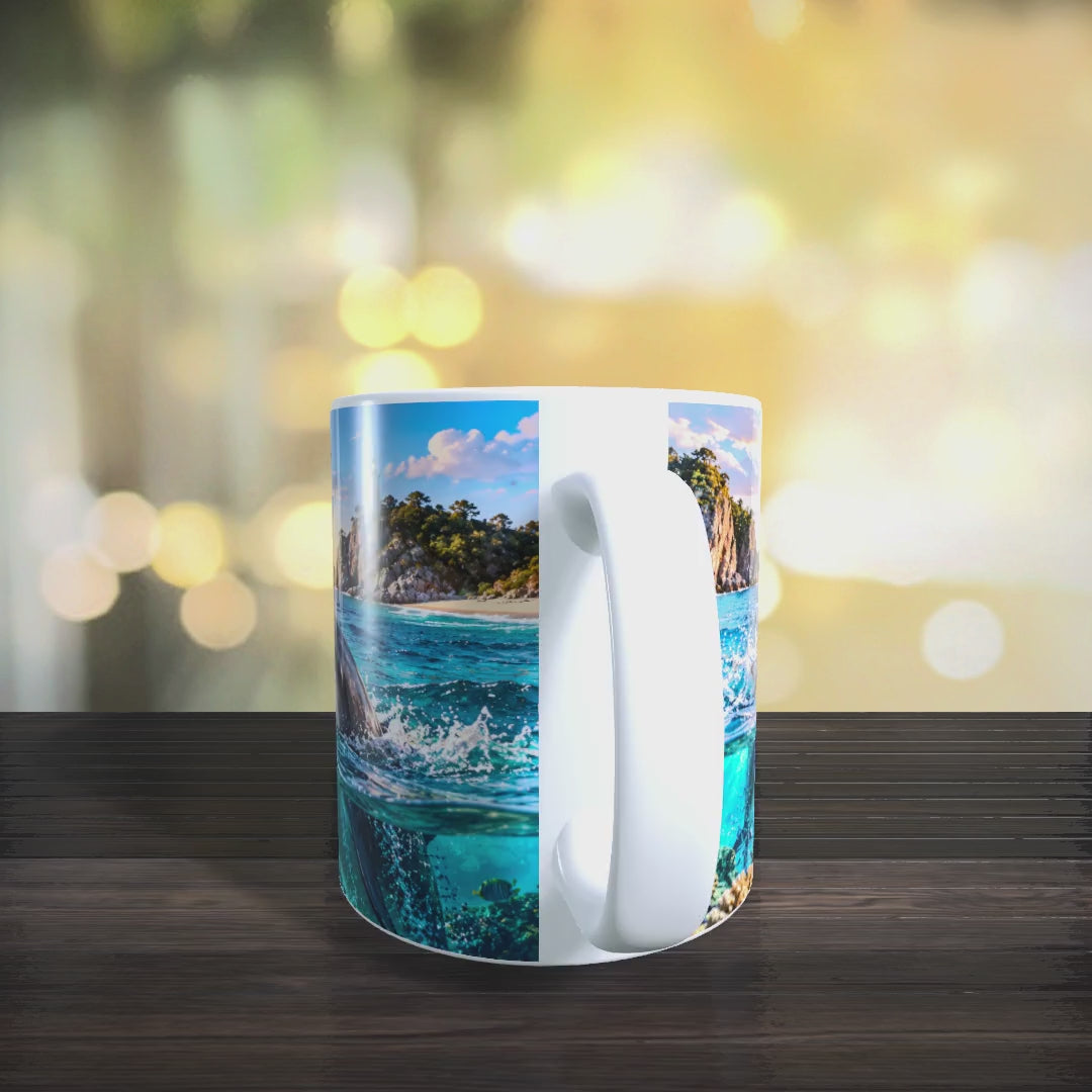 Produktvideo der Delfin-Tasse mit Ansichten des maritimen Druckmotivs