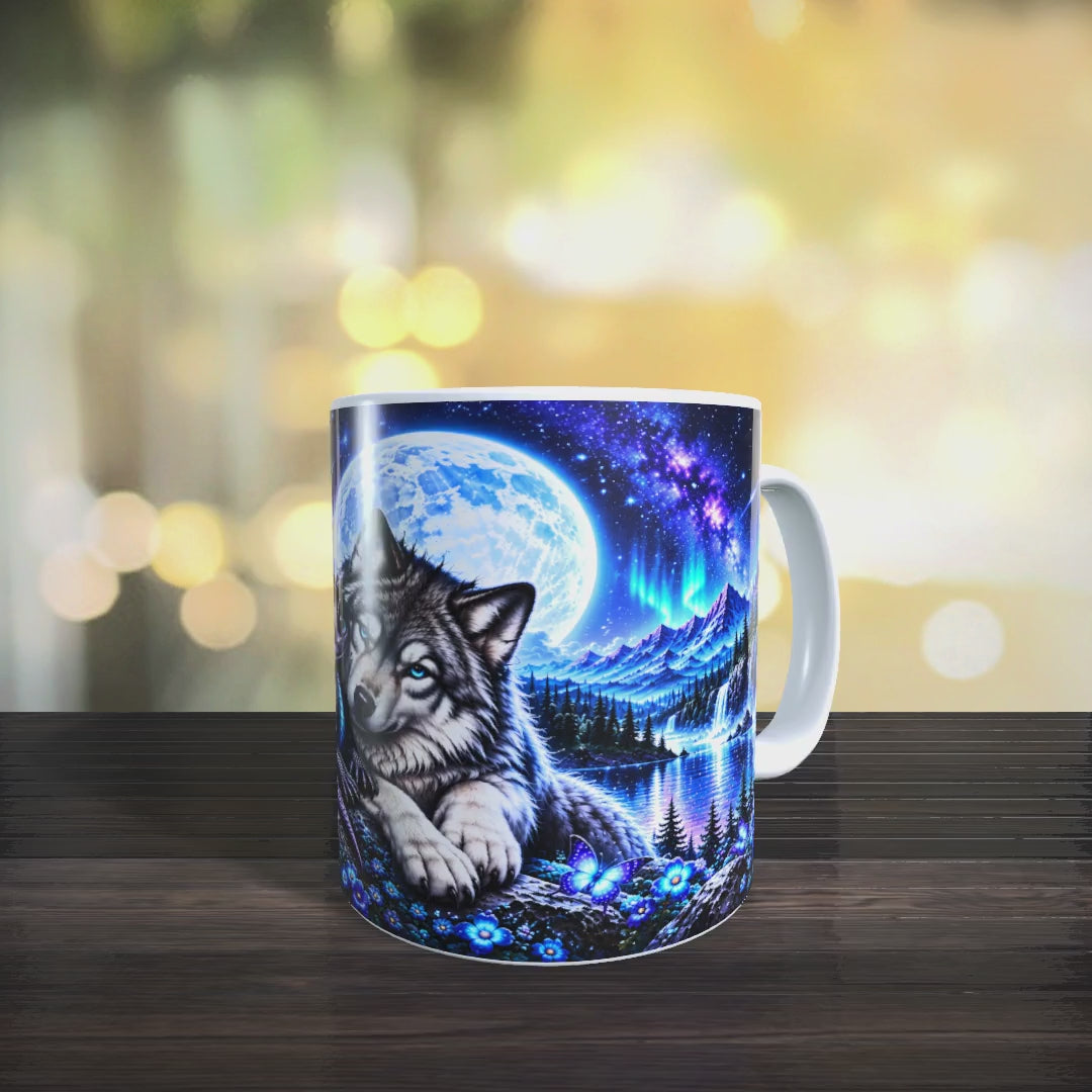Produktvideo der Fantasy-Tasse mit Ansichten des niedlichen Drachen und Wolfs im Mondlicht