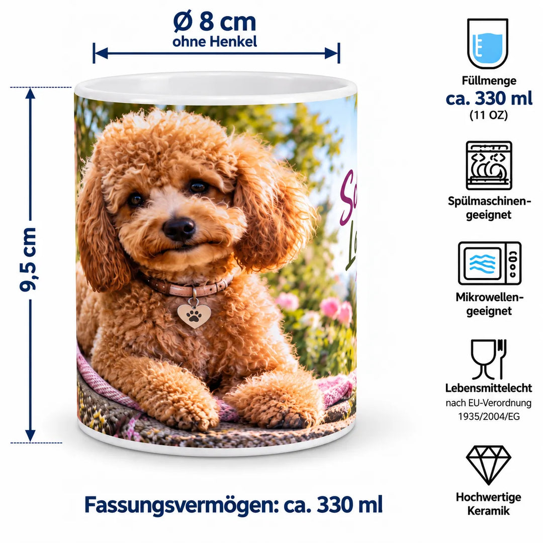 Keramiktasse mit Maßangaben: ca. 9,5 cm Höhe, 8 cm Durchmesser ohne Henkel und 330 ml Fassungsvermögen