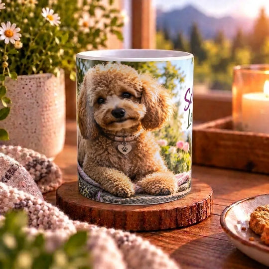 Weiße Pudel-Tasse mit dem Spruch „Schlau im Kopf. Locken mit Stil.“ und blumigem Hundemotiv