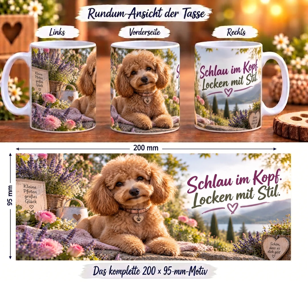 Rundumansicht der Pudel-Tasse mit apricotfarbenem Hund, rosa Rosen, violetten Blüten und Spruch