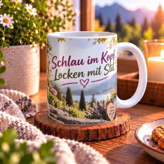 Seitenansicht der weißen Keramiktasse mit Pudel-Motiv und weißem Henkel