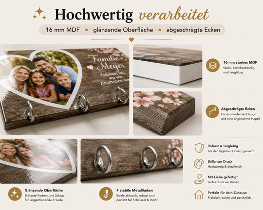 Personalisiertes Schlüsselbrett aus 16 mm MDF mit glänzender Oberfläche und Metallhaken